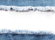Edge frame of blue denim jeans ripped over white background.