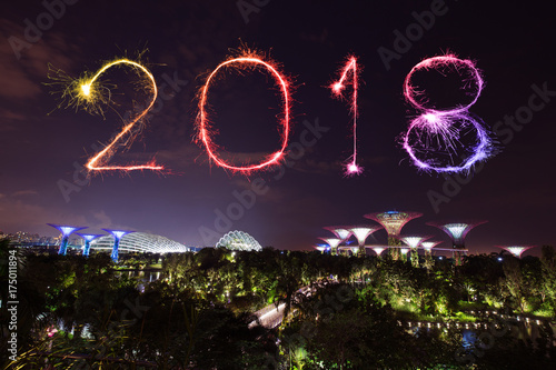 Photo 2018 Happy new year firework Sparkle with Gardens by the bay at night, Singapore