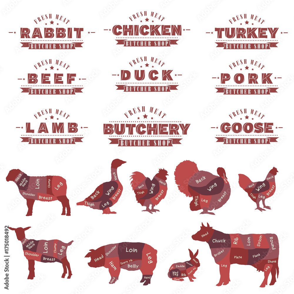 Meat label big collection. Butcher shop. Cow, rabbit, sheep, pig, goat ...