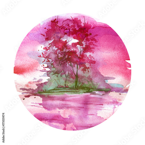 Zdjęcie XXL Akwarela, logo. Akwarela różowy, czerwony, bordowy krajobraz, brzeg rzeki, jezioro, z drzewami i krzewami. W kolistym elemencie. Bush, drzewo o zachodzie słońca