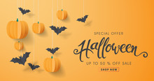 Happy Halloween Calligraphy With Paper Bats And Pumpkins. Banners Party Invitation.Vector Illustration.