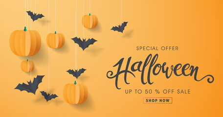 Wall Mural - happy halloween calligraphy with paper bats and pumpkins. banners party invitation.vector illustrati