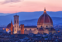 Florence, Cathedral Of Santa Maria Del Fiore On A Sunset, Italy