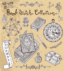 Magic objects for Halloween design - pentagram, magic books, herbs, etc