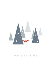 Wall Mural - Christmas card vector template with winter landscape and fox between snowy trees.