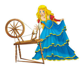 Wall Mural - Cartoon beautiful girl smiling standing near spinning wheel - some activity - illustration for children