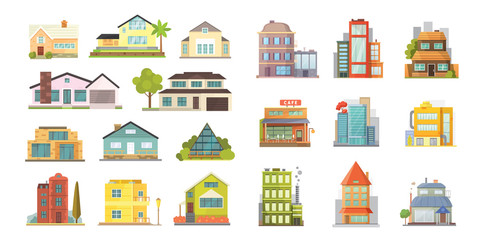 set of different styles residential houses. city architecture retro and modern buildings. house fron