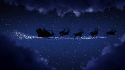 blue xmas night and clouds, santa claus sleight and reindeer silhouette flying showing merry christm