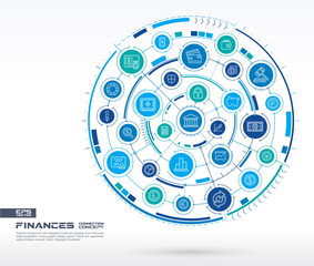 Abstract finance, internet bank technology background. Digital connect system with integrated circles, line icons. Network system group, payment interface concept. Vector infographic illustration