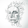 3d vector portrait created with lines mesh. Intelligence allegory, Grayscale low poly face with splinters which fall apart, head exploding with ideas, thoughts and imagination.