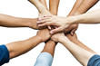 © tonjung - Image of group of overlapping hands against white background.