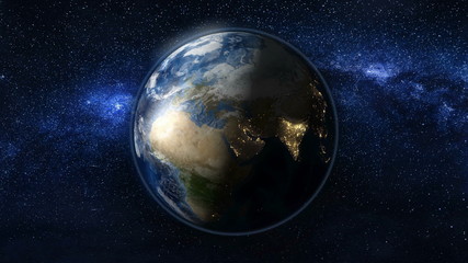 Wall Mural - planet earth in black and blue universe of stars. milky way in the background. day and night city li