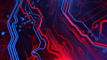Technology Terminal Background. Digital Red Blue Backdrop. Printed Circuit Board. Technology Wallpaper. 3D Illustration. Circuit Board Futuristic Server Code Processing.