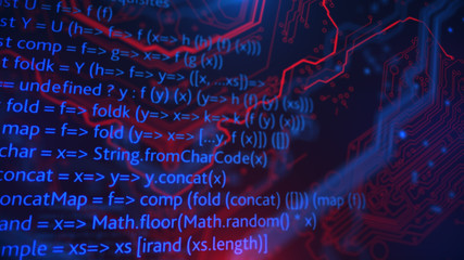technology background. circuit board futuristic server code processing. pcb, code, html. blue, red b