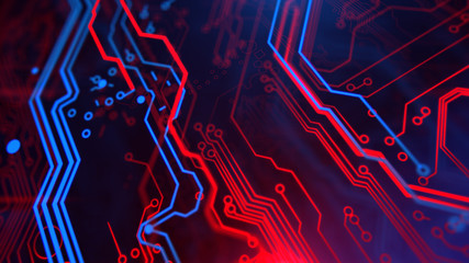 technology terminal background. digital red blue backdrop. printed circuit board. technology wallpap