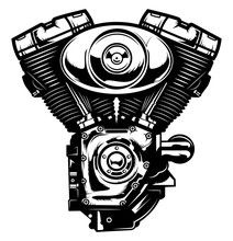 Monochrome Illustration Of Motorcycle Engine Isolated On White Background