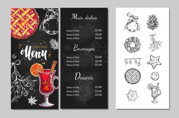 Christmas winter menu for restaurants and cafes. Vector template with hand drawn illustrations and brushpen Lettering. Christmas party invitation. Isolated christmas icons