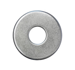 steel washer isolated on white background, top view closeup