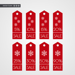 Wall Mural - 5 10 15 20 25 30 50 90 percent off shopping tag vector icons. Isolated discount winter symbols. Illustration signs set for christmas sale, advertisement, marketing project, business, shop, store