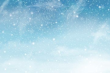 Winter christmas sky with falling snow. Snowflakes, snowfall. Vector illustration.