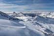 Mountain skiing - panoramic view from Plateau Rose at the ski slopes and Cervinia, Italy, Valle d'Aosta, Breuil-Cervinia, Aosta Valley, Cervinia