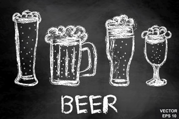 Wall Mural - Mugs of beer on a chalkboard. Drawing. Hatch. Dark. For your design.