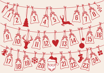 Wall Mural - advent calendar with christmas bags, vector set