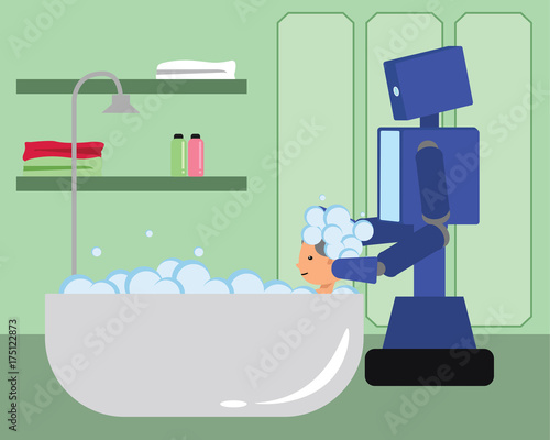 Domestic Robot Washing Hair Of Woman In Bathtub Personal Robot 