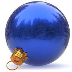 Wall Mural - Christmas ball decoration blue bauble closeup Happy New Year's Eve hanging adornment polished traditional Merry Xmas wintertime ornament sparkling. 3d rendering illustration