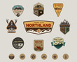 Traveling, outdoor badge collection. Scout camp emblem set and hiking stickers, icons. Vintage hand drawn design. Stock vector illustration, insignias, rustic patches. Isolated on white background