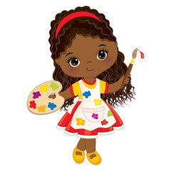 Vector cute Little African American Artist with Palette and Paint Brush. Vector Little Girl