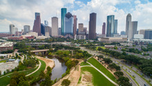 Aerial View Of Skyline Downtown Houston Building City, At Buffalo Bayou Park, Houston, Texas, USA