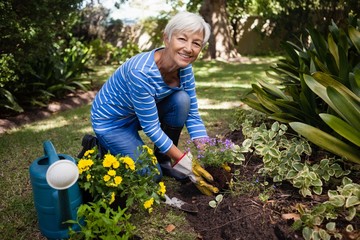 Portrait of smiling senior woman kneeling while planting flowers