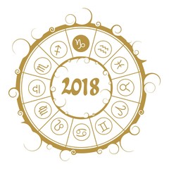 Wall Mural - Astrological symbols in the circle. Capricorn sign. New Year and Christmas celebration card template. Zodiac circle with 2018 new year number.