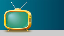 Template With Retro Yellow TV Set For Advertisement On Horizontal Long Backdrop, 3D Illustration With Place For Text. Realistic Vintage TV With Blank Screen.