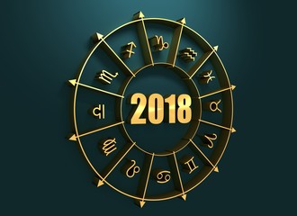 Wall Mural - Astrological symbols in the circle. Golden emblem. Metallic material. New Year 2018 numbers. 3d rendering