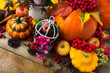 Fall background with pumpkins, apples, cones and pink flowers