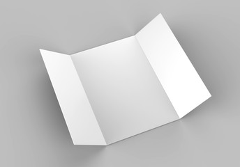 Single open gate fold brochure, 3 panel and six pages leaflet. blank white 3d render illustration.