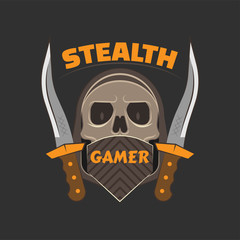 Stealth gamer logo with a skull under face mask and hood and a dirk on both sides.  
Gaming profile avatar.
