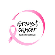 Breast Cancer Awareness Month Round Emblem With Hand Drawn Lettering. Vector Pink Ribbon Circle Icon On White Background. Breast Cancer Awareness Month Pink Ribbon Vector Women Solidarity Symbol Icon