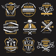 © MicroOne - Old barbershop vector emblems and labels. Vintage male haircut signs