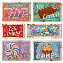 Vintage Candy Shop Metal Signs With Rusty Texture. Vector Set
