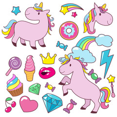 Sticker - Magic cute unicorns baby horses vector character collection