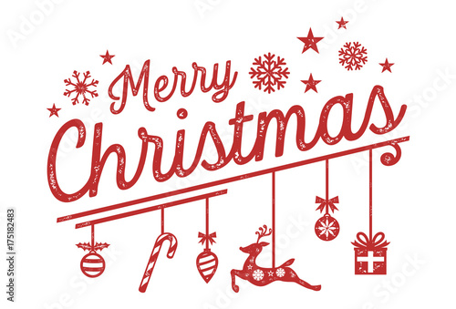 Fotomural Merry Christmas Lettering Design with Hanging Ornaments, Grunge Style, Vector