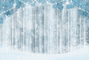 Canvas Print - vector grey wooden background, snow and fir branches border for christmas design.