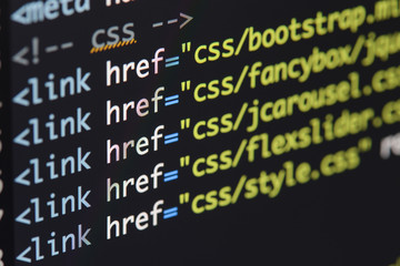 Wall Mural - real html code developing screen. programing workflow abstract algorithm concept. lines of html code