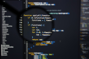 Wall Mural - real java script code developing screen. programing workflow abstract algorithm concept. closeup of 