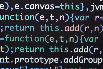 Wall Mural - real java script code developing screen. programing workflow abstract algorithm concept. closeup of 