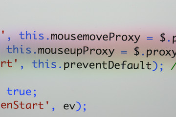 Wall Mural - real java script code developing screen. programing workflow abstract algorithm concept. closeup of 