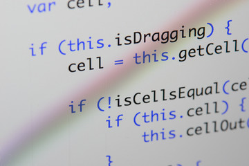 Wall Mural - real java script code developing screen. programing workflow abstract algorithm concept. closeup of 